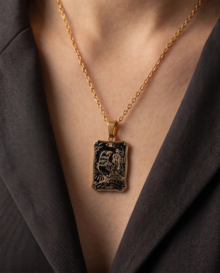 Gold "Death" Raven Tarot Card Pendant Necklace