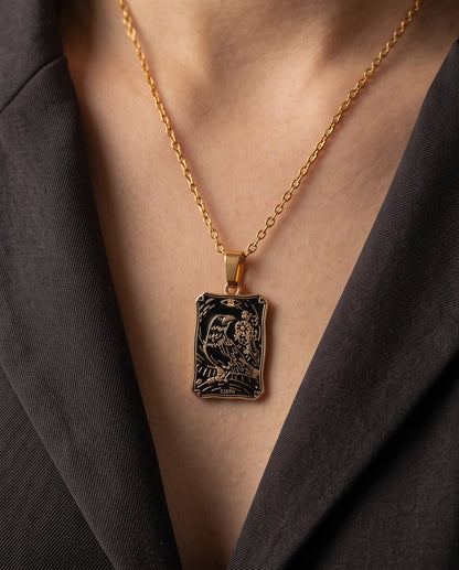Gold "Death" Raven Tarot Card Pendant Necklace