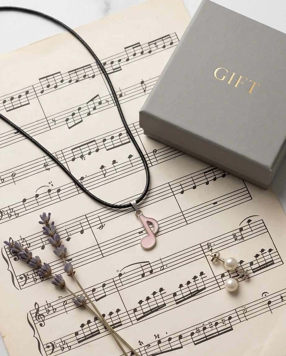 Silver and Pink Eighth Note Necklace
