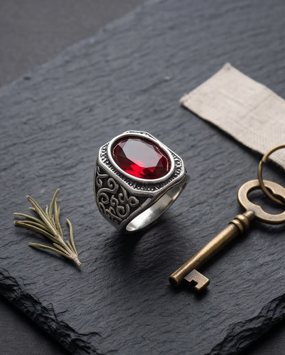 Crimson Gemstone Octagonal Bezel Scrollwork Silver Ring