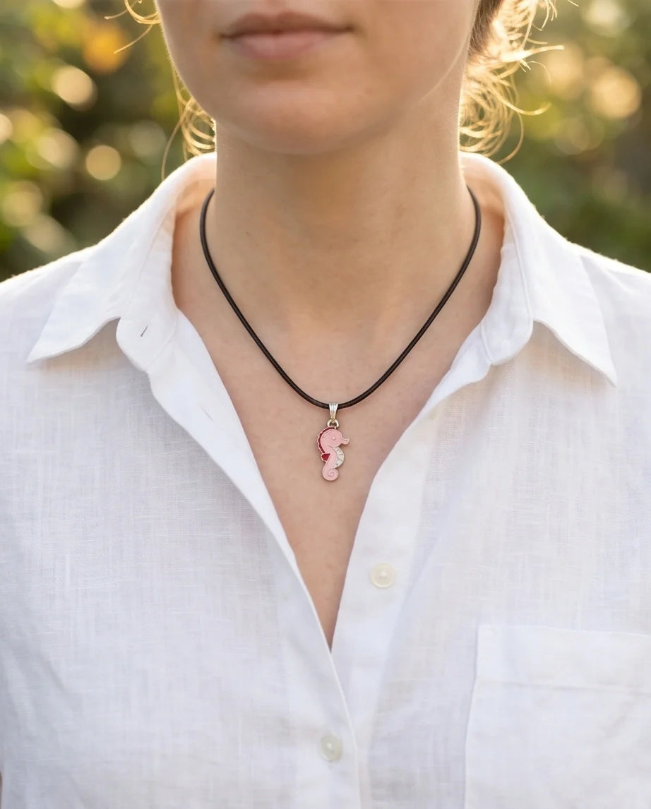 Pink Seahorse Enamel Pendant Necklace