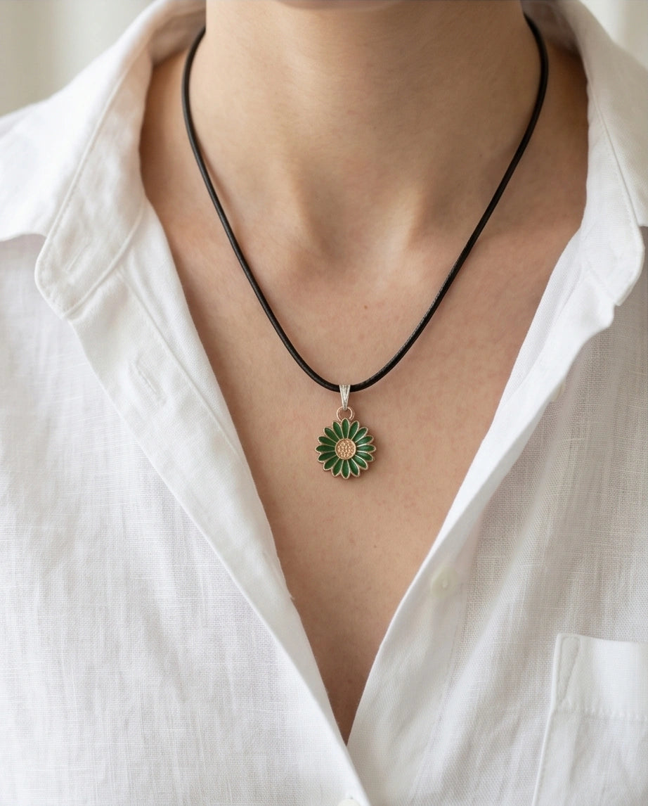 Gold and Green Daisy Pendant Necklace