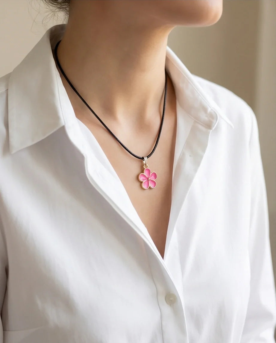 Gold and Pink Flower Pendant Necklace