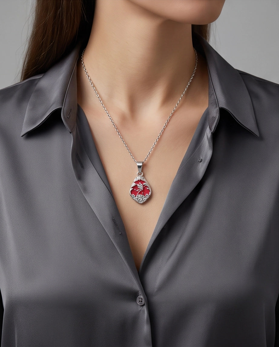 Silver Vintage Cherub Red Enamel Teardrop Pendant Necklace