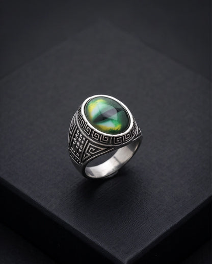 Emerald Green Slit-Pupil Dragon-Eye Greek Key Silver Ring