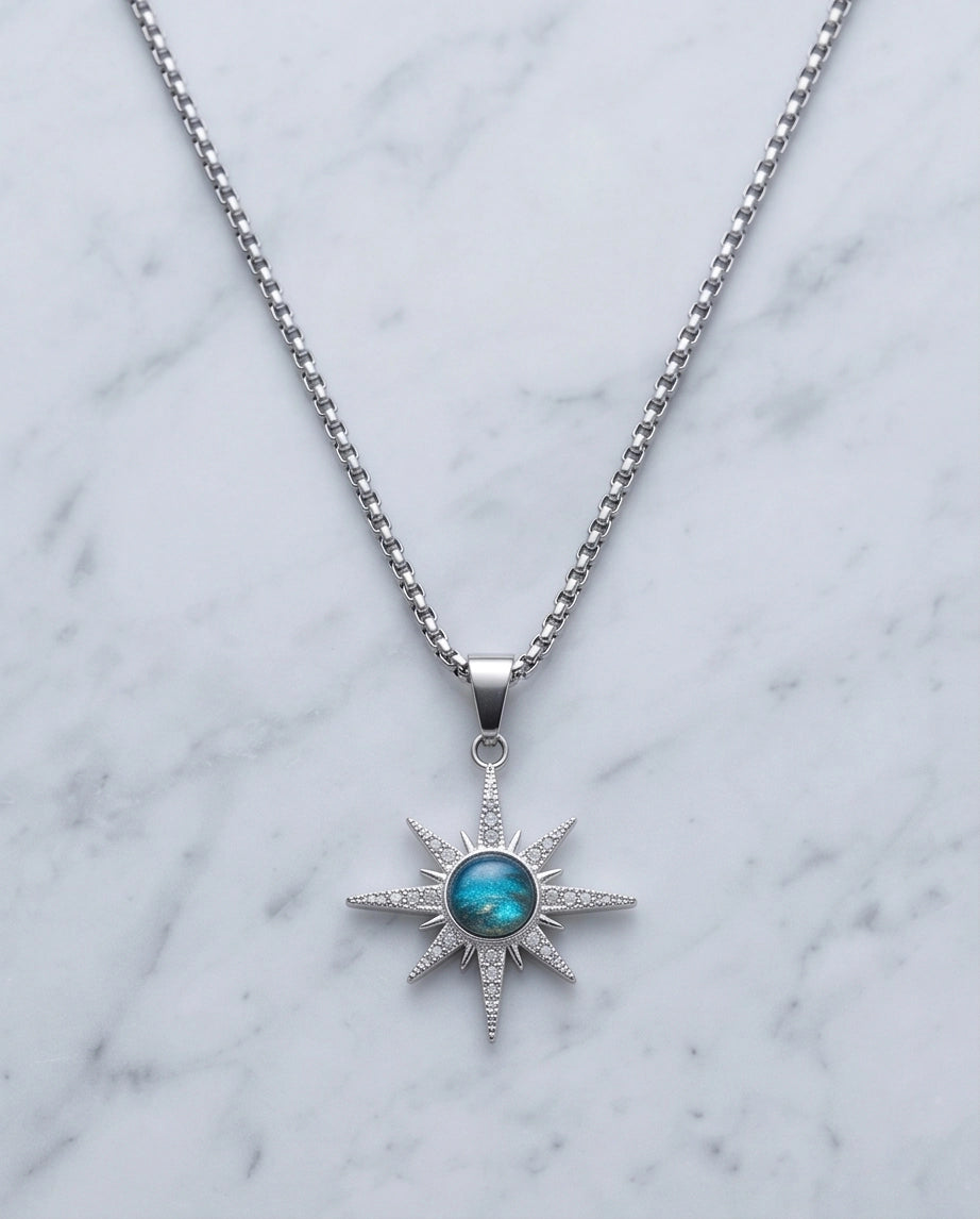 Silver Crystal Paved North Star Cosmic Orb Pendant Necklace