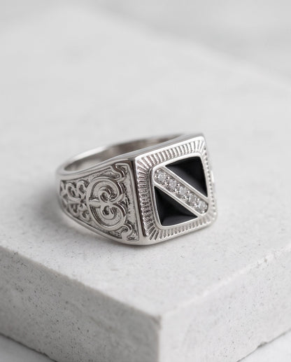 Onyx-Inlay Channel Pavé Diagonal Striped Filigree Silver Ring