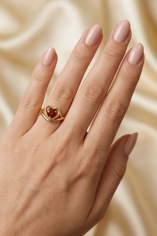 Gold Ruby Heart Openwork Statement Ring