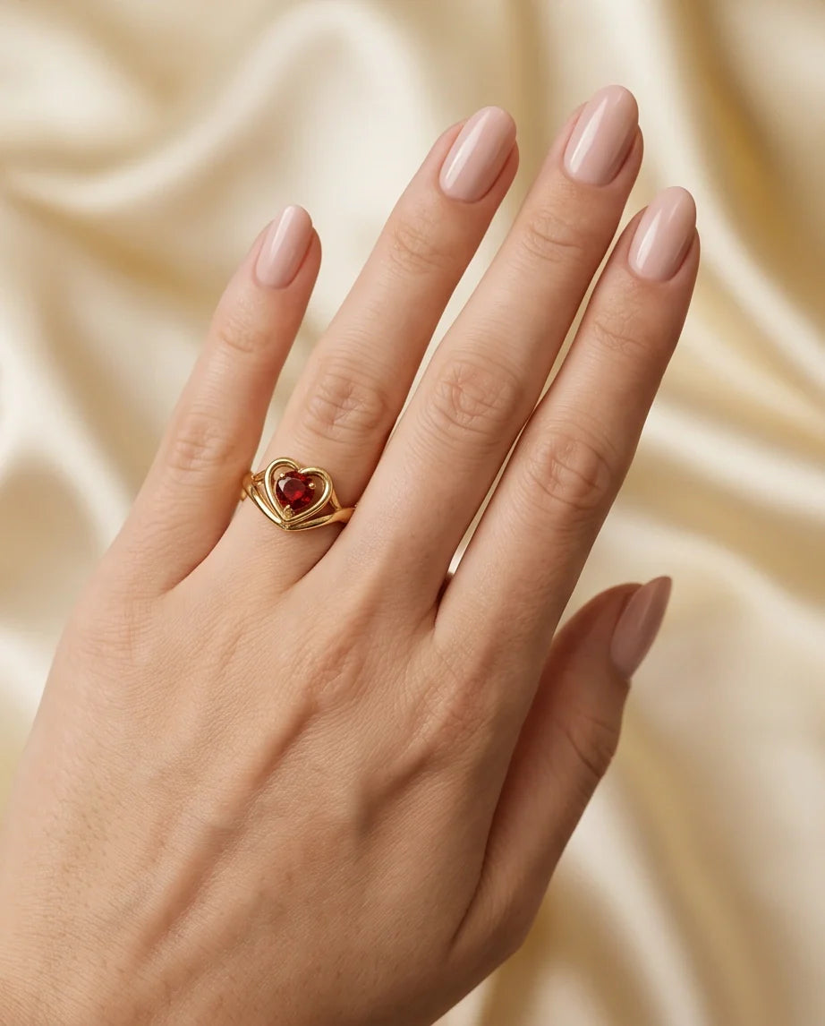 Gold Ruby Heart Openwork Statement Ring