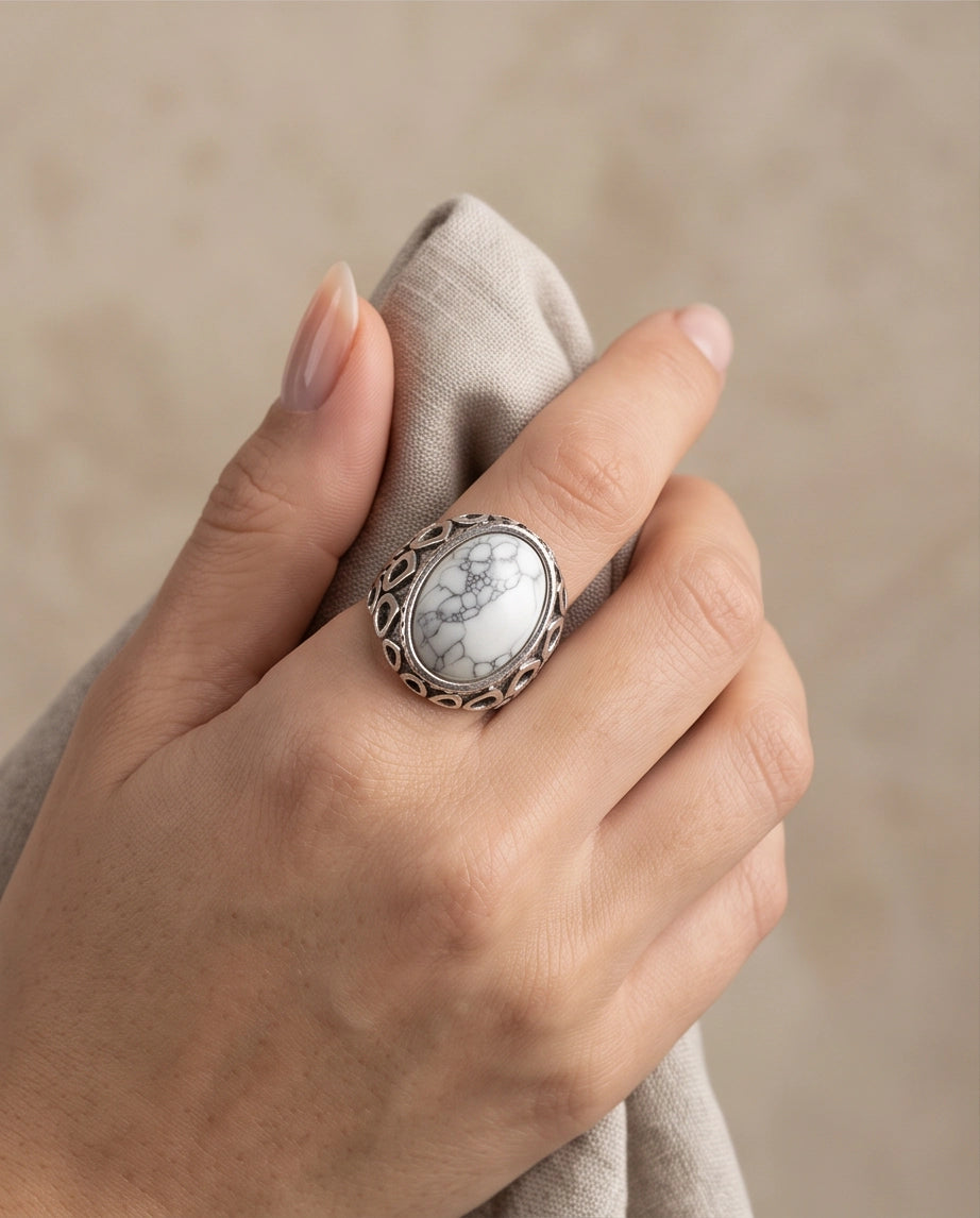 Howlite Cabochon Filigree Silver Ring