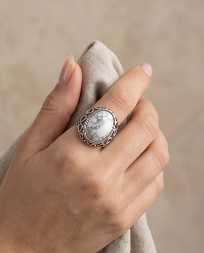 Howlite Cabochon Filigree Silver Ring