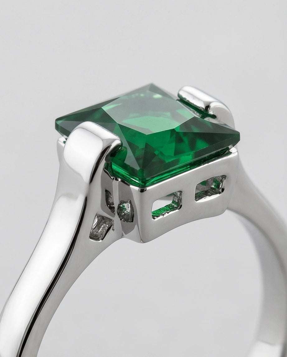Sterling Silver Princess-Cut Deep Green Emerald Solitaire Ring
