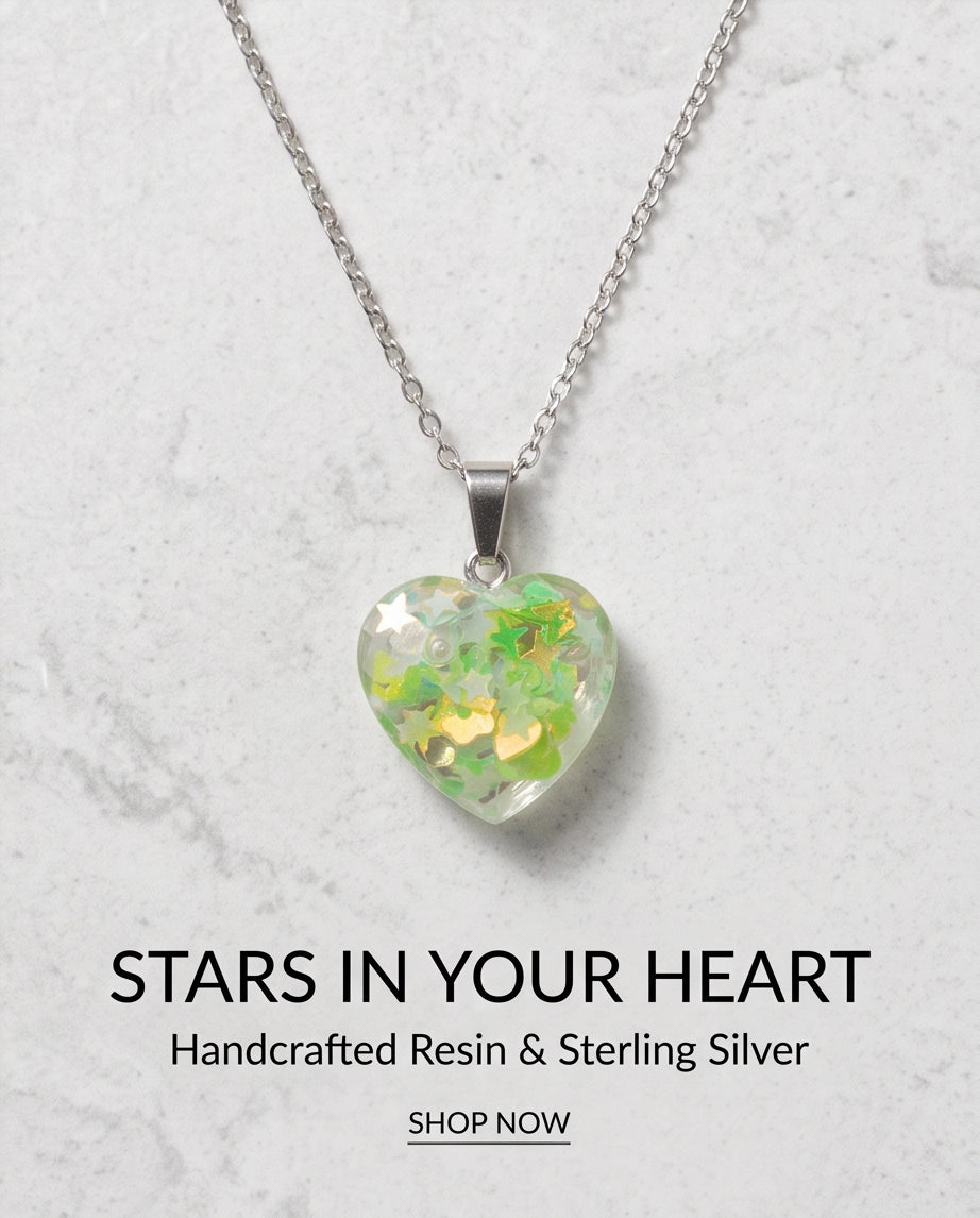 Silver Lime Green Glitter Heart Resin Pendant Necklace