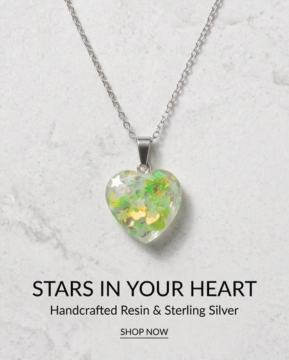 Silver Lime Green Glitter Heart Resin Pendant Necklace