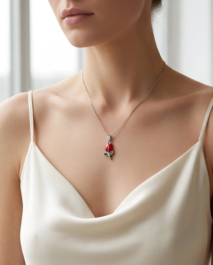 Silver Red Enamel Tulip Pendant Necklace