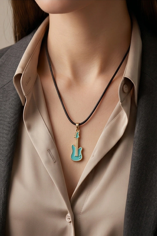 Gold and Turquoise Enamel Electric Guitar Necklace