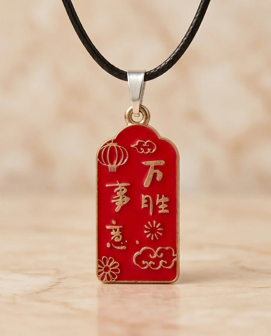 Traditional Red Rectangular "Wan Shi Ru Yi" Blessings Pendant Necklace