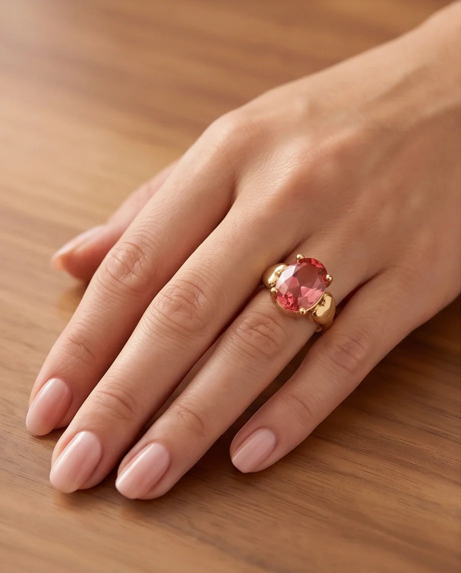Gold Plated Pink Morganite Oval Heart Accent Ring