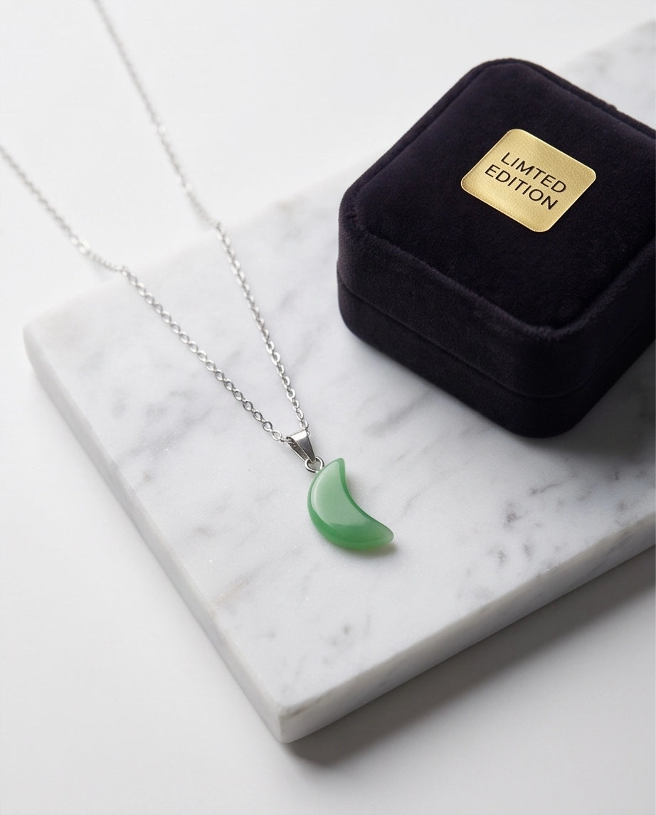 Silver Jade Green Crescent Moon Pendant Necklace