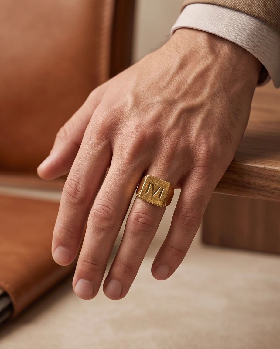 Roman Numeral Engraved Gold Signet Ring