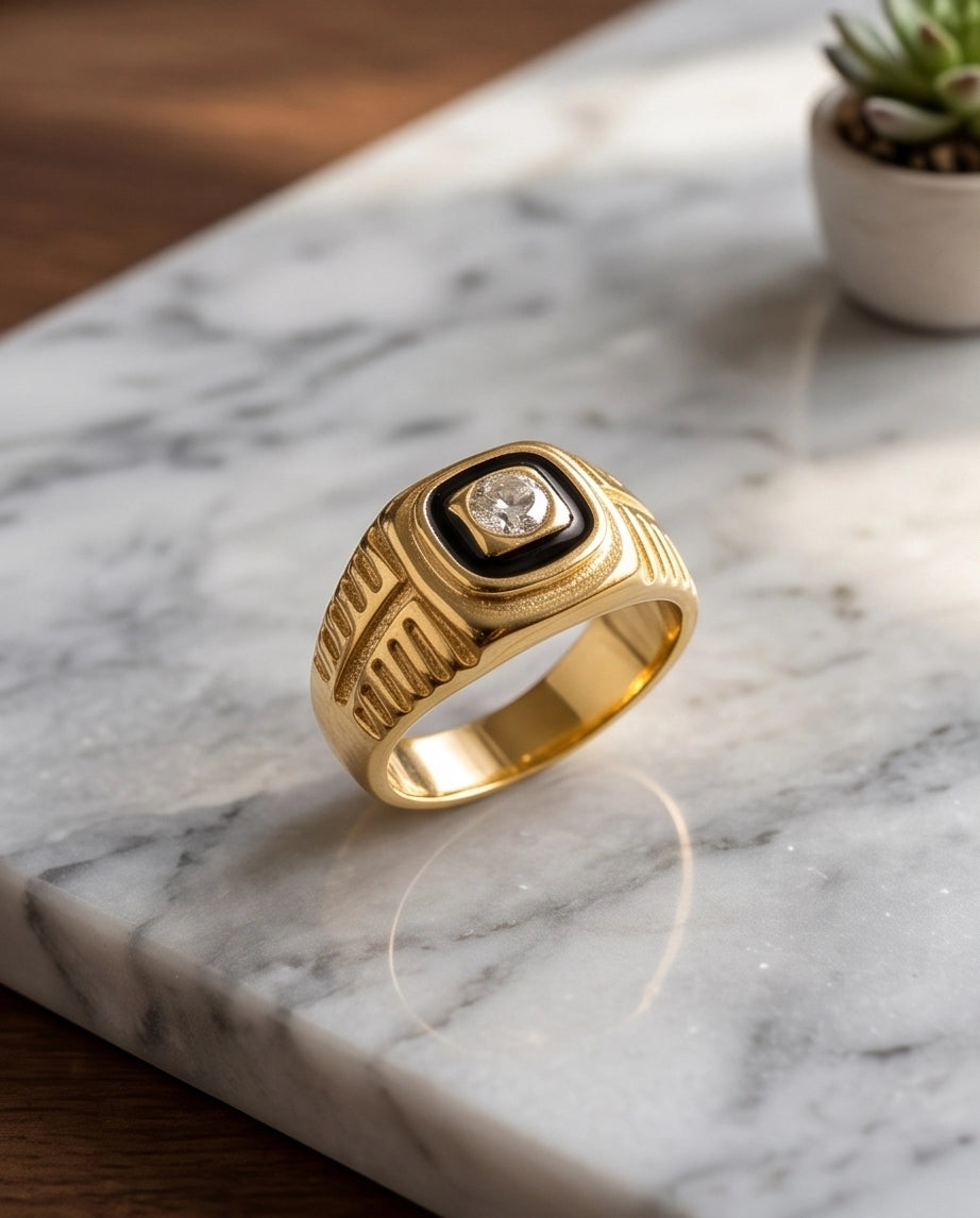 Concentric Cushion Clear Gemstone Onyx Frame Art Deco Gold Ring