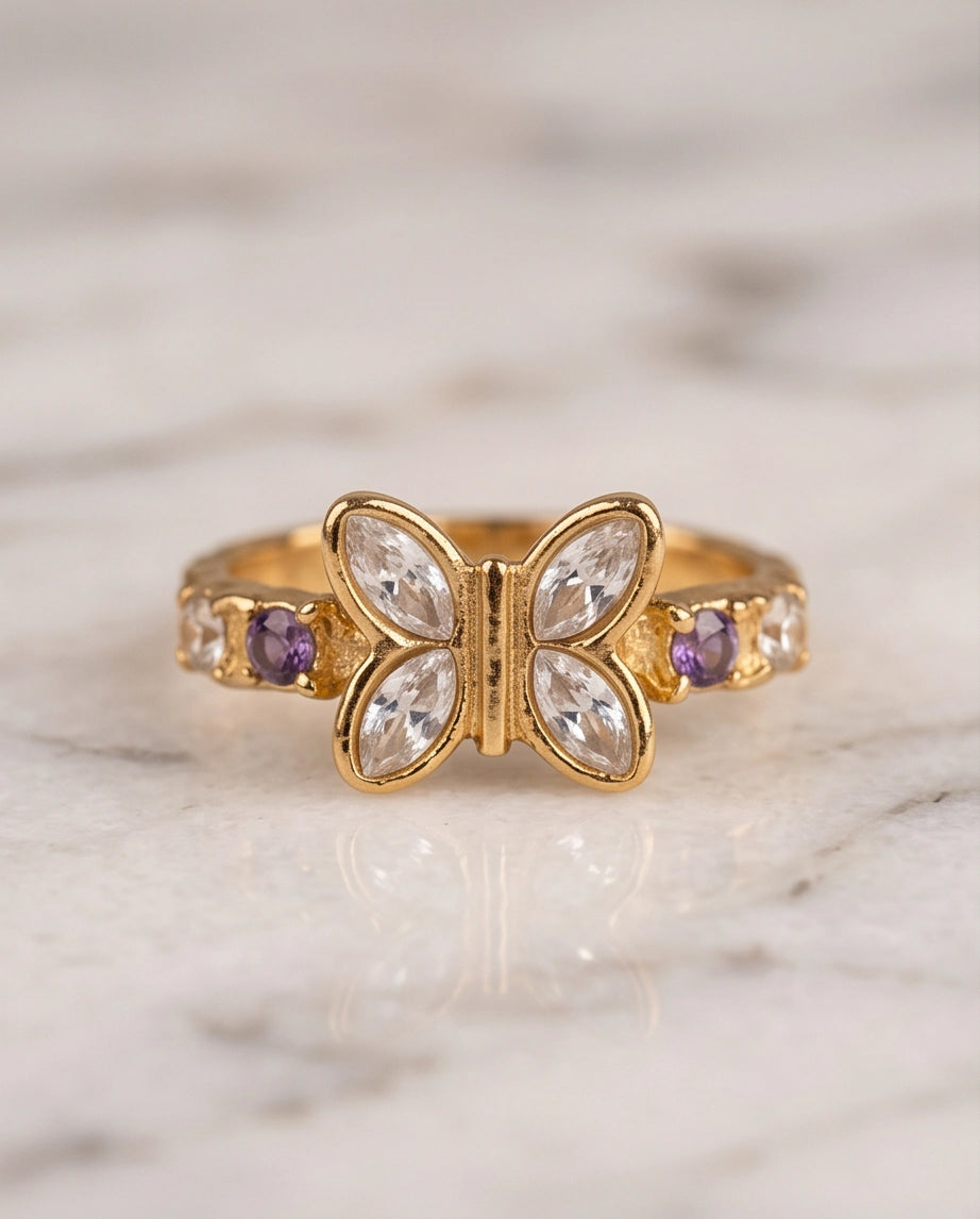 Gold Butterfly Gemstone Band Ring