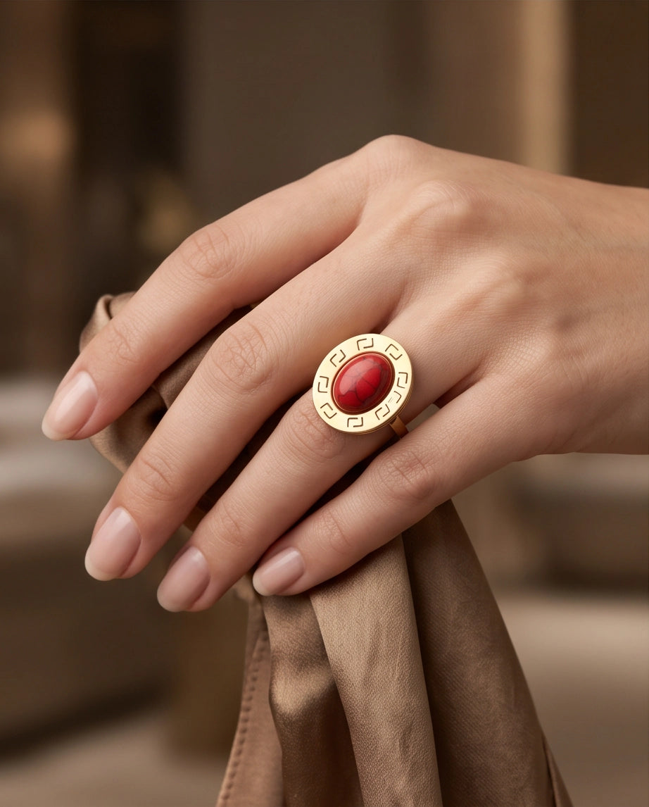 Solstice Greek Key Crimson Cabochon Ring