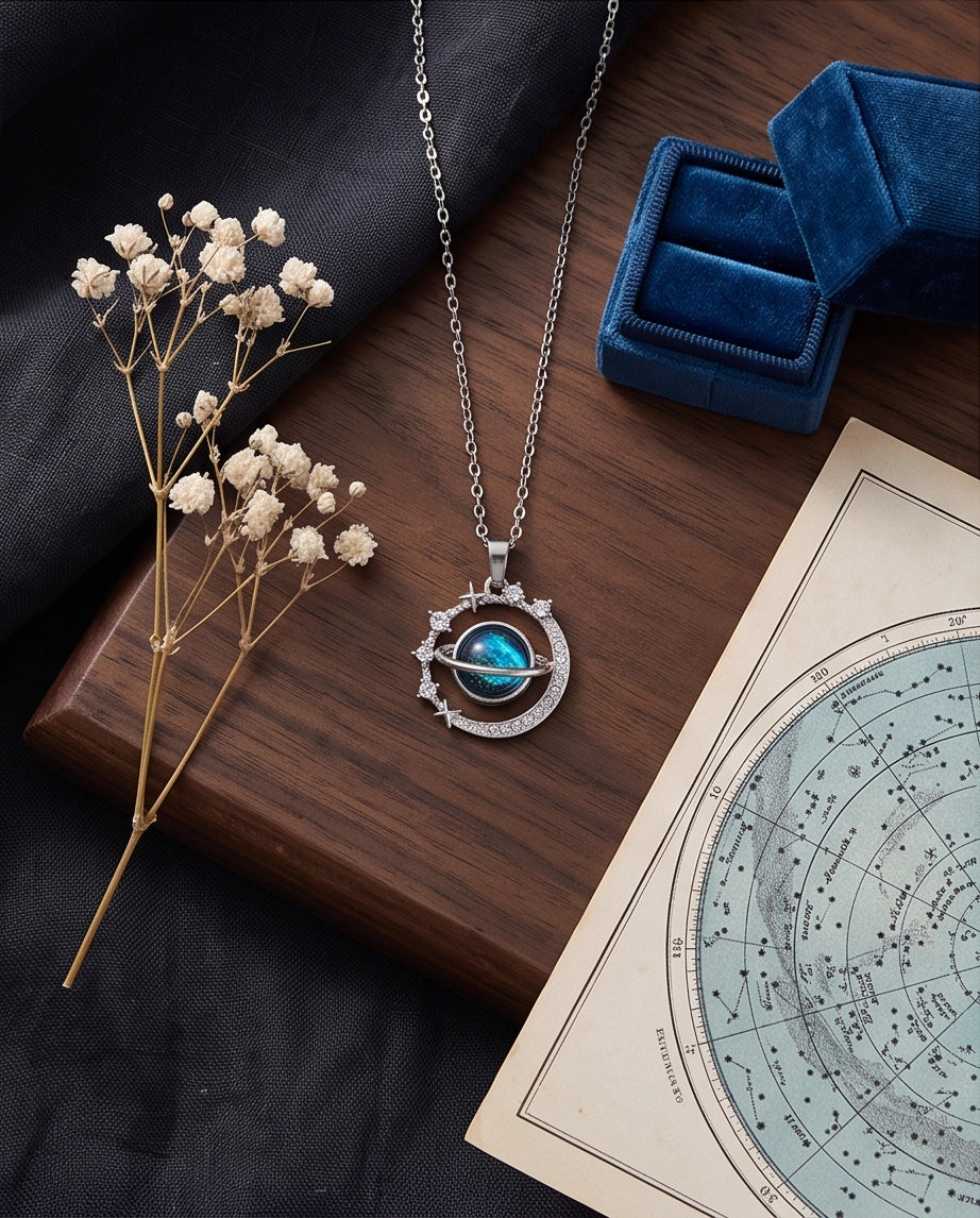 Silver Cosmic Galaxy Planet Crescent Pendant Necklace