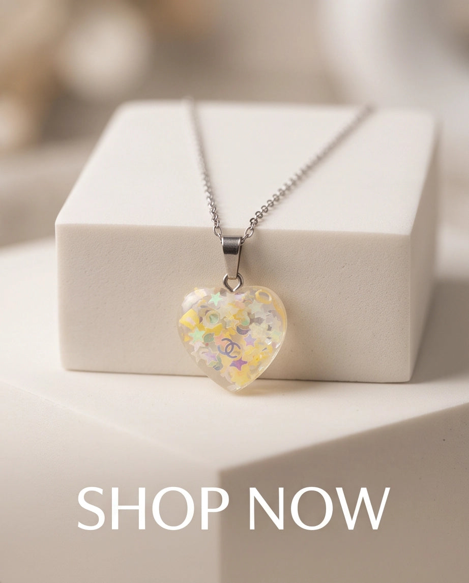 Silver Sunshine Yellow Glitter Heart Resin Pendant Necklace