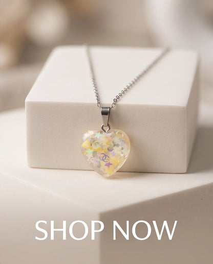 Silver Sunshine Yellow Glitter Heart Resin Pendant Necklace