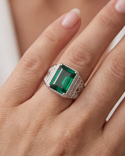 Emerald Green Emerald-Cut Gemstone Stippled Halo Silver Ring