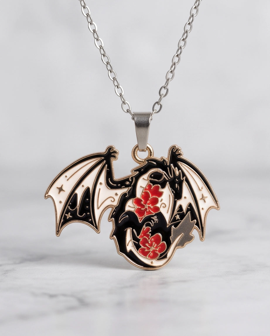 Gold Floral Dragon Black & White Enamel Pendant Necklace