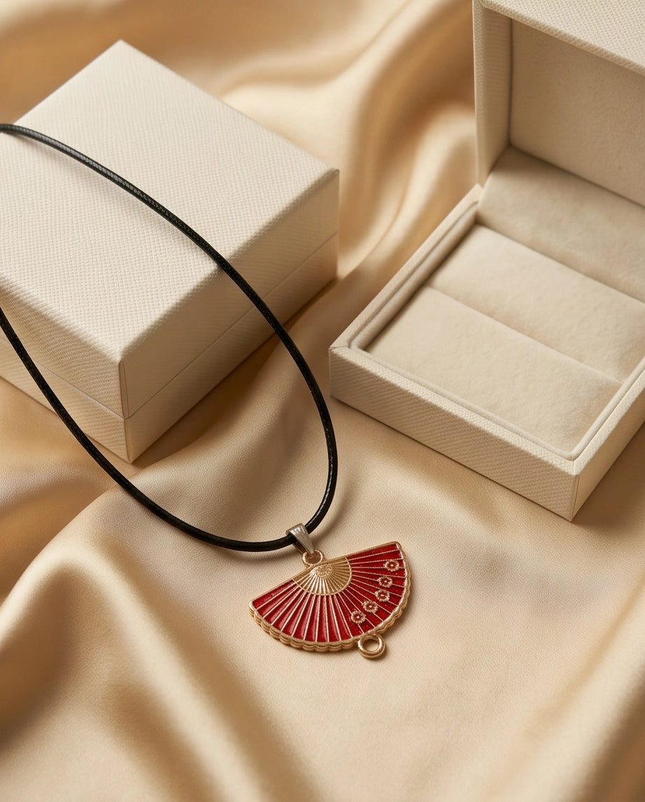 Crimson Sakura Fan Pendant Necklace