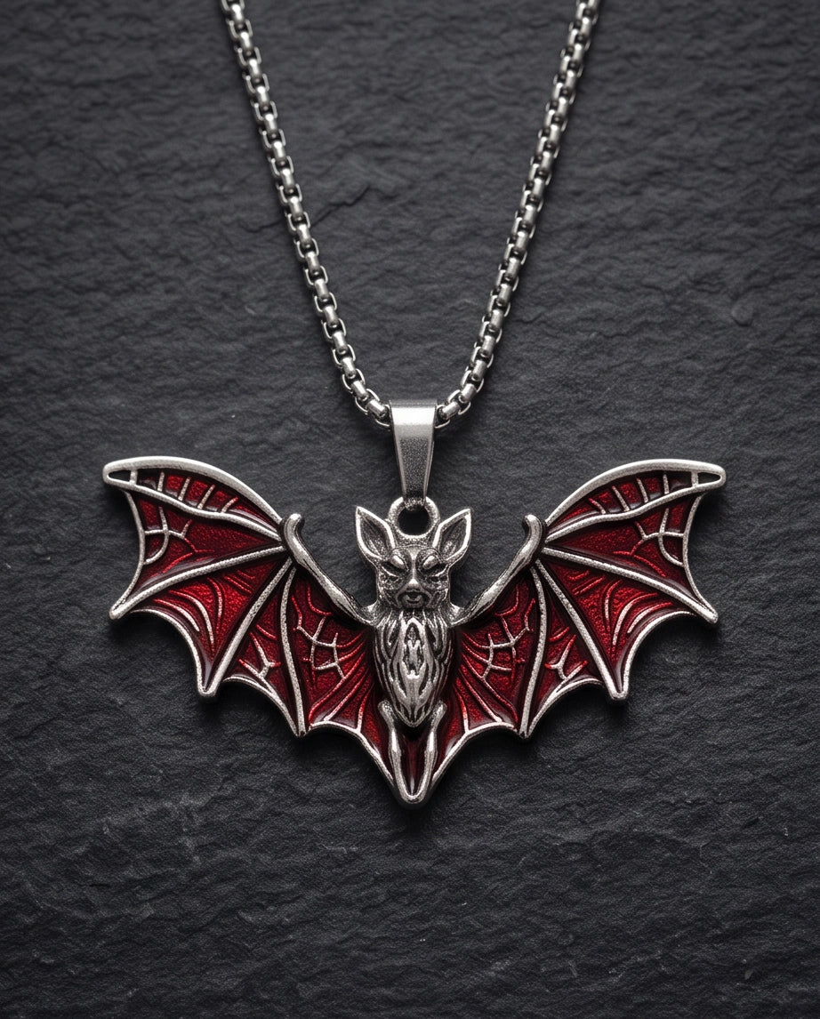 Silver Red Enamel Flying Bat Pendant Necklace