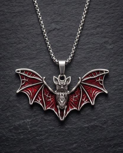 Silver Red Enamel Flying Bat Pendant Necklace