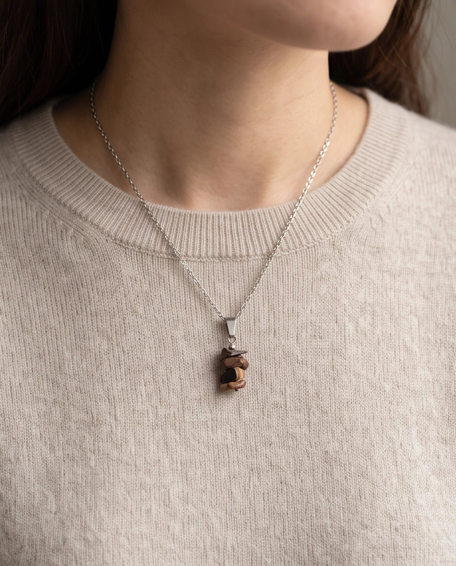 Silver Stacked Raw Tiger's Eye Chip Stone Pendant Necklace