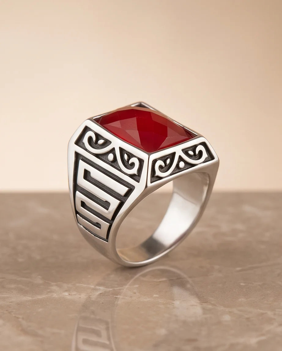 Scarlet Gemstone Filigree Bezel Rectangular Silver Ring