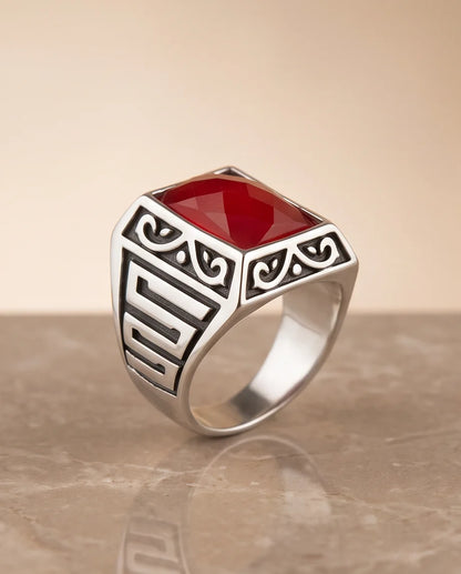 Scarlet Gemstone Filigree Bezel Rectangular Silver Ring