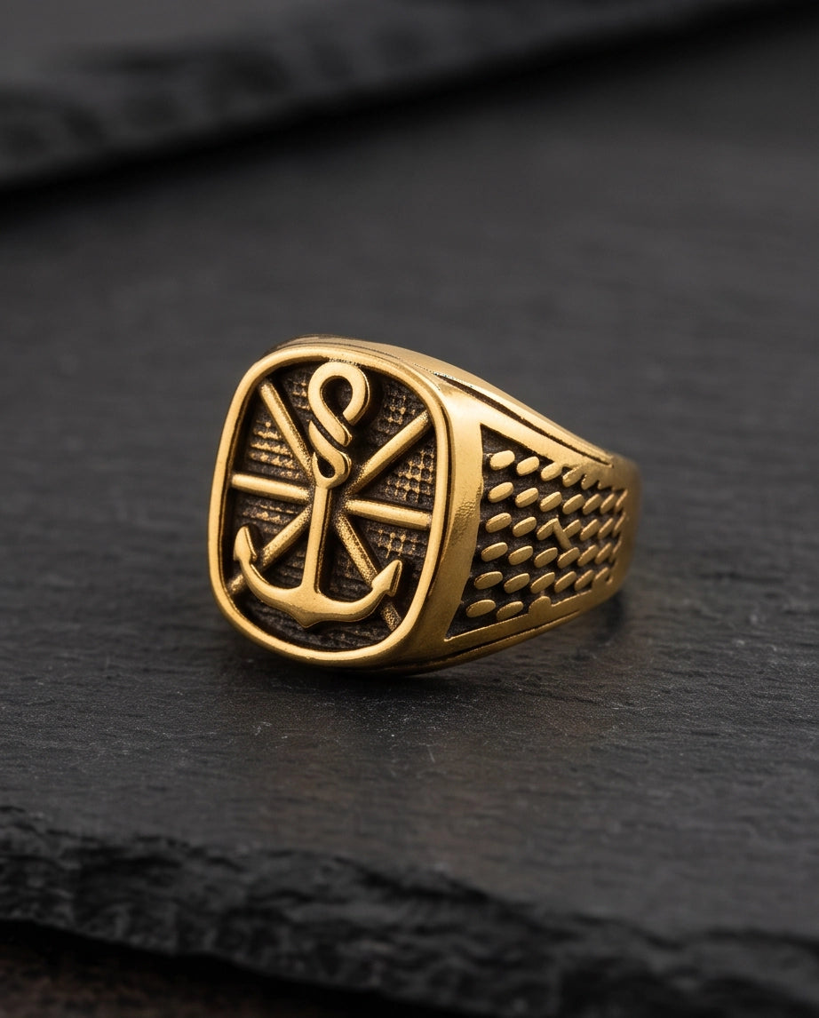 Anchor Sunburst Cushion Gold Signet Ring