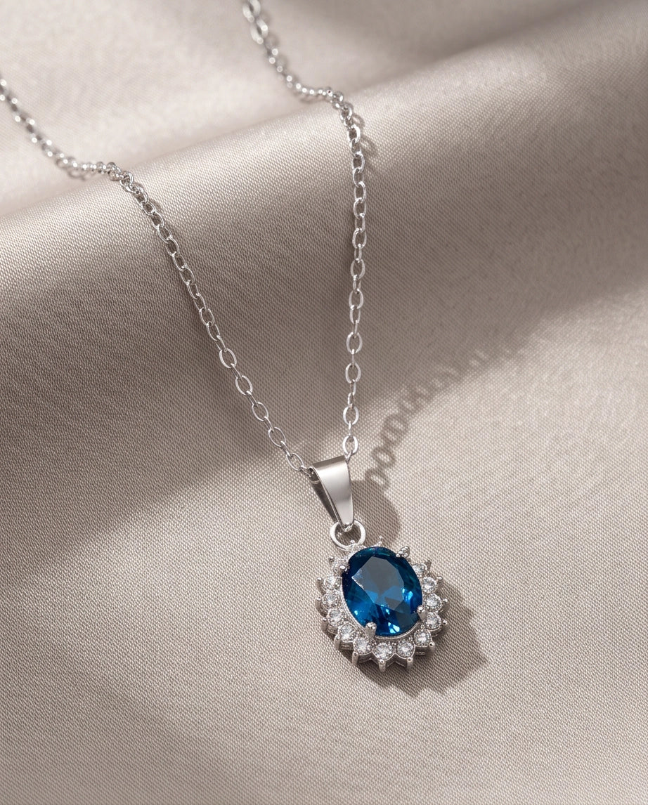 Silver London Blue Oval Halo Medallion Pendant Necklace