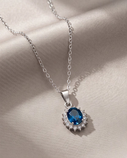 Silver London Blue Oval Halo Medallion Pendant Necklace