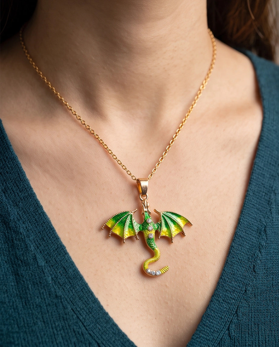 Gold Green Enamel Dragon Wyvern Pendant Necklace