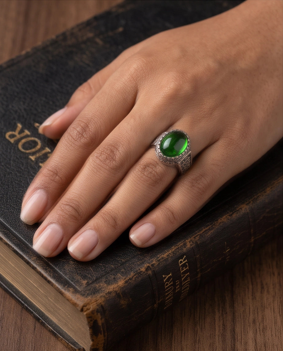 Emerald Cabochon Beaded Bezel Floral Silver Ring