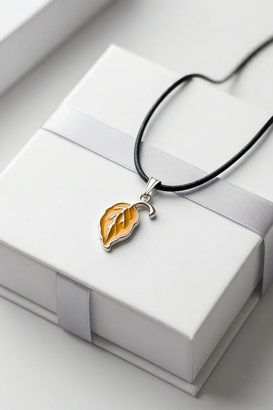 Golden Autumn Leaf Enamel Pendant Necklace