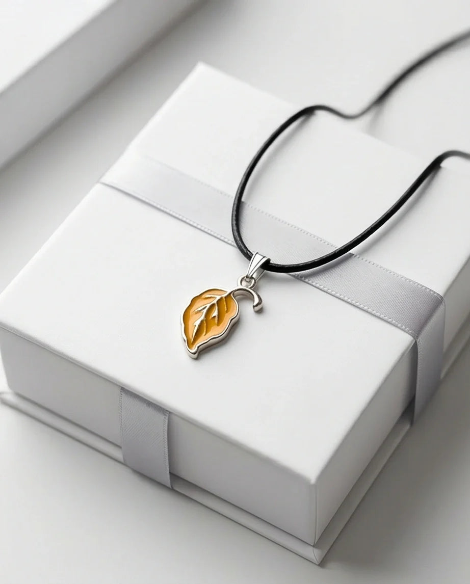 Golden Autumn Leaf Enamel Pendant Necklace