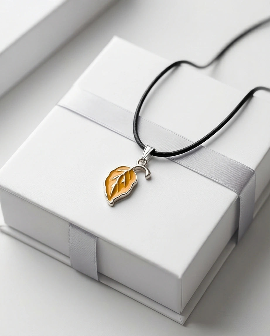 Golden Autumn Leaf Enamel Pendant Necklace