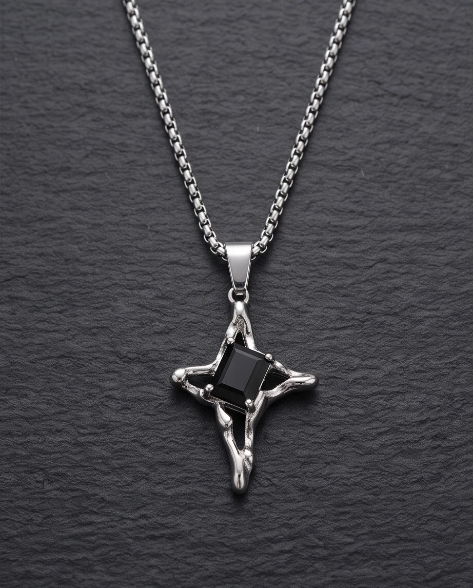 Silver Black Gemstone Gothic Cross Pendant Necklace