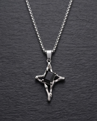 Silver Black Gemstone Gothic Cross Pendant Necklace