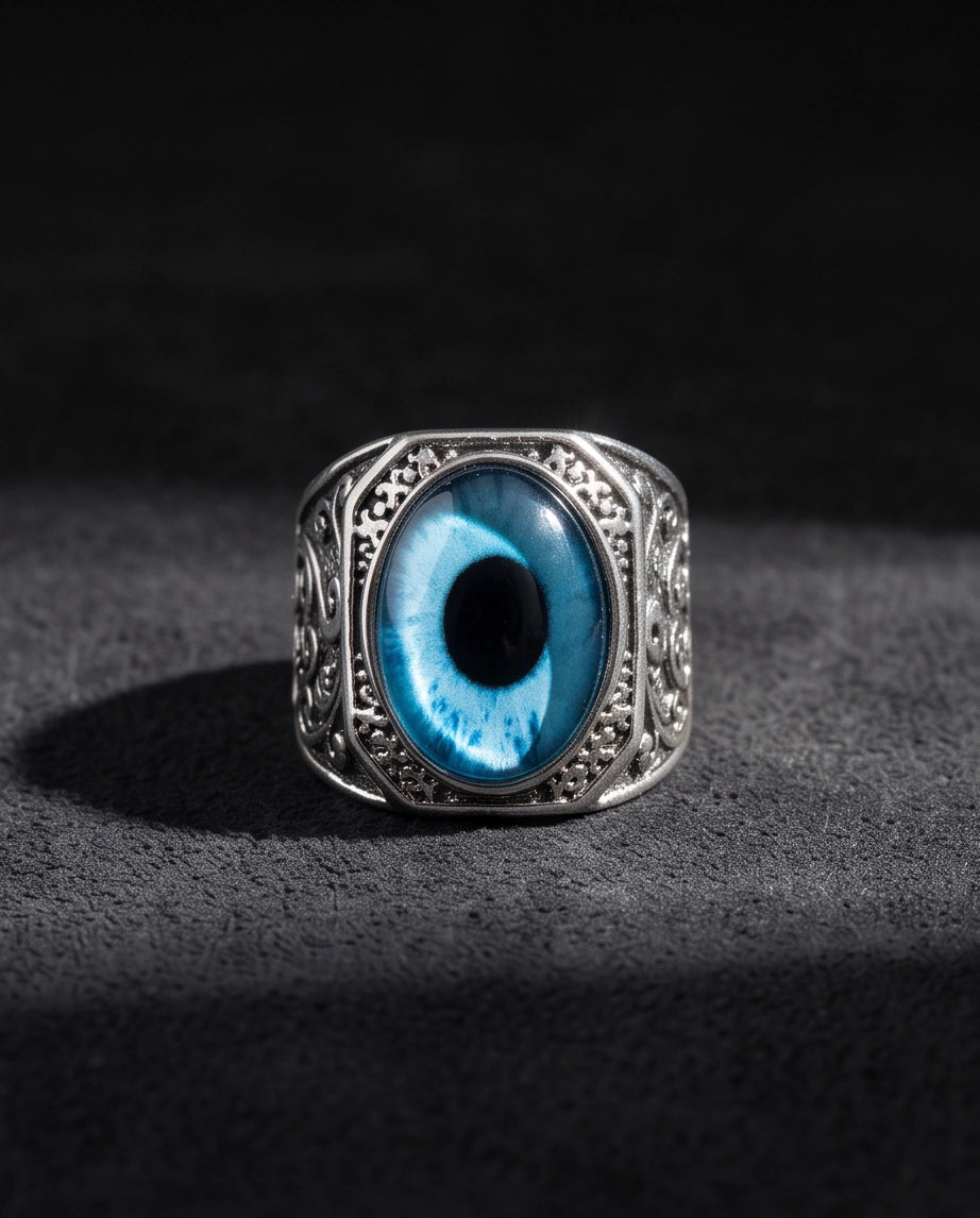 Cyan Sky-Blue Evil Eye Cabochon Gothic Filigree Silver Ring