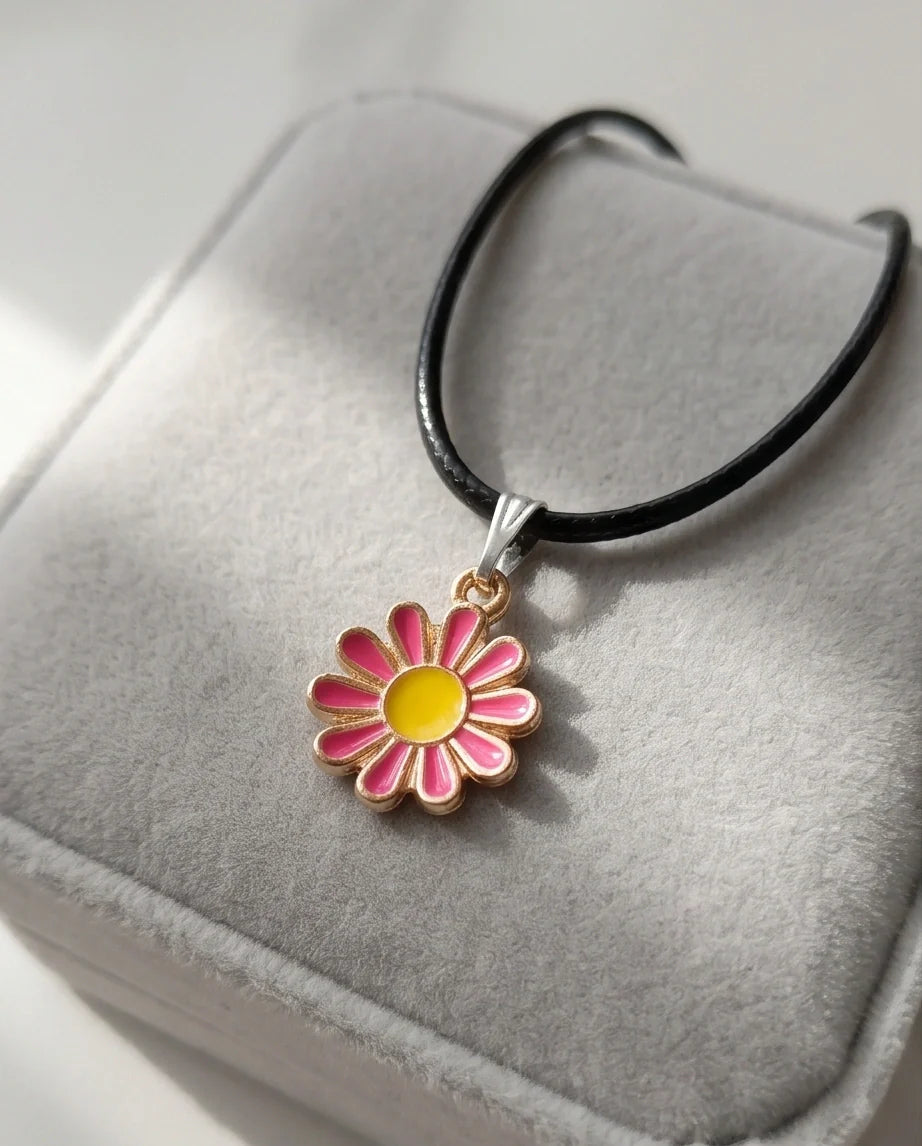Pink Daisy Flower Enamel Pendant Choker Necklace